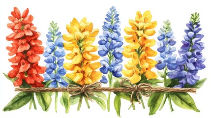 Fototapeta premium Watercolor Wildflower Bouquet Red Yellow Blue Flowers with Twine