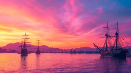 Fototapeta premium Majestic Pirate Ships Silhouetted in a Vibrant Sunset Harbor with Laughter and Celebration in the Air