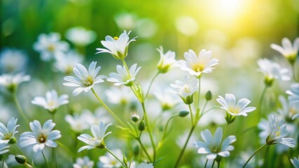 Close-up of white wildflowers in spring, showcasing details of petals and stamens © Prasert