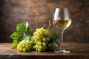 Fototapeta premium Close-up of white wine in a glass with grapes and grape branches on the table