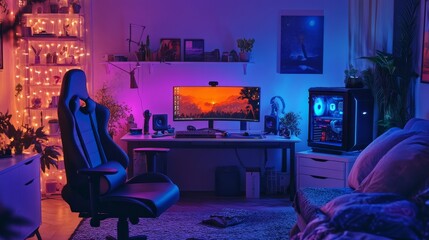 Cozy night scene of a gamers bedroom rendered in 3D, with warm LED lights and a high-tech gaming desk setup