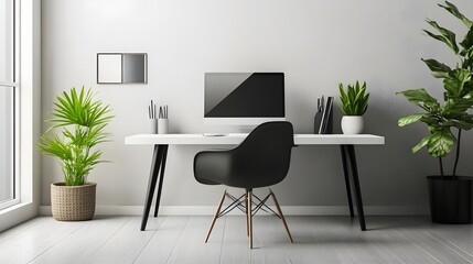 61. Clean workspace with minimal decor, a computer, and a modern chair