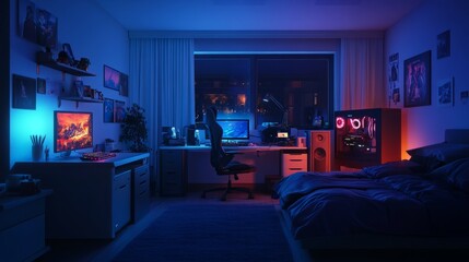 Digital 3D night interior of a gamers room, with RGB highlights around the desk and subtle lighting around the be