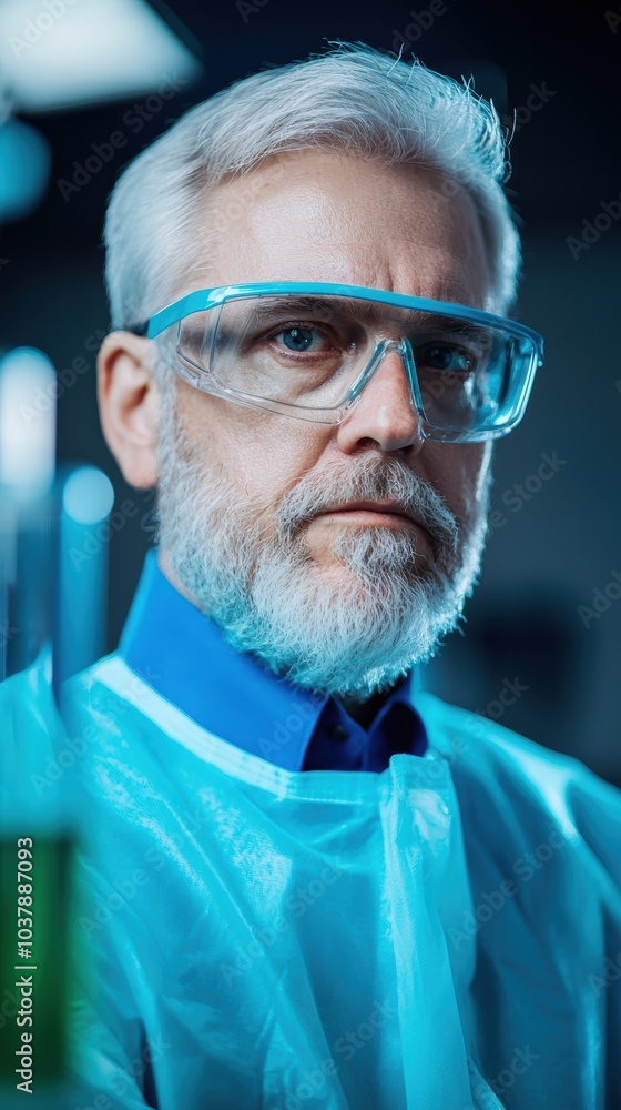 Poster focused scientist in lab gear examines experiment with serious intensity and precision