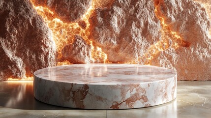 Fototapeta premium Terrazzo Marble Podium with a Rose Gold Background and a Textured Stone Wall Perfect for Luxury Product Display. Generative AI