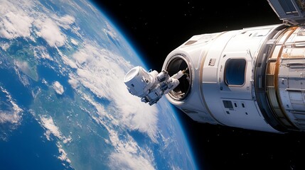 Fototapeta premium Floating robotic assistant repairing a space station exterior, Earth in the background, sci innovation, space repair technology