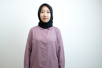 Young Asian, Indonesian woman wearing purple shirt and black headscarf smiling, cheerful, confident, successful, businesswoman, corporate lawyer, working in office. Isolated on white background