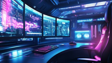 Naklejka premium Digital illustration of a curved monitor setup with an RGB mouse glowing under cool futuristic lighting