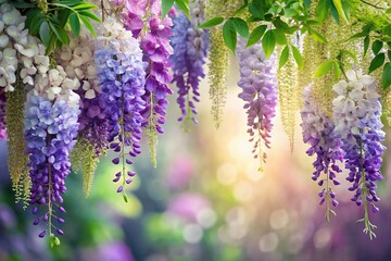 Elegant cascading wisteria and blooming hydrangea wallpaper background