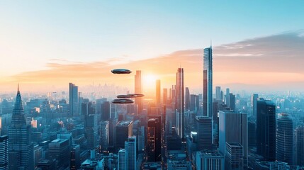 Futuristic city skyline with hovering vehicles, sci-fi innovation, advanced urban technology