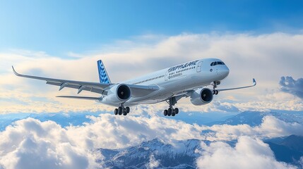 Obraz premium White and Blue Airplane Flying Above the Clouds Against a Clear Sky Aerial View. Generative AI