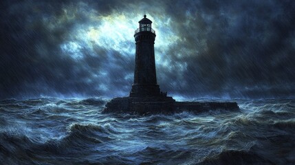 Lighthouse in Stormy Sea  Dark Clouds  Rain  Waves  Coastal Landscape