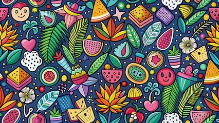 Naklejka premium Colorful abstract forms merge seamlessly, showcasing playful doodles and stylish collage fragments, ideal for modern