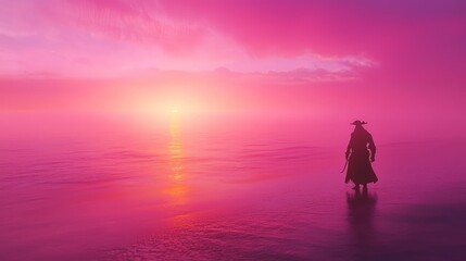 Fototapeta premium Pirate's Tranquil Sunset on Beach - Lone Explorer Silhouetted Against Colorful Sky in Ultra-Detailed Shot