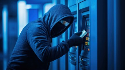 Mysterious Figure Engaged in ATM Activity Under Dim Blue Lighting