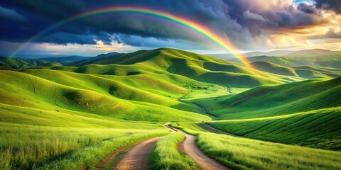 Obraz premium Colorful rolling green hills with a rainbow and a path in a Depth of Field
