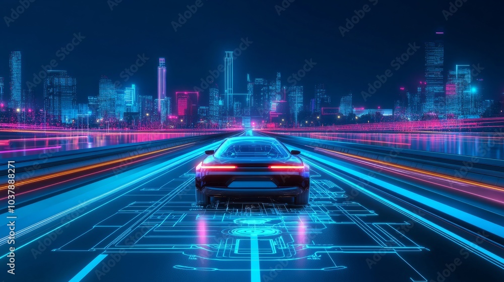 Poster high-speed autonomous car on a smart highway, floating displays showing navigation, speed, and ai fe