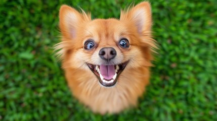 Happy small dog with brown fur enjoys a sunny day outdoors on lush green grass in a playful and joyful moment.