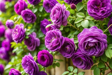 Purple rose bush in full bloom close-up of delicate petals