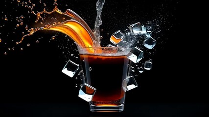 Liquid Symphony: A captivating image of cola splashing dramatically into a glass, ice cubes shattering in mid-air, creating a visually stunning, high-energy scene. - Powered by Adobe
