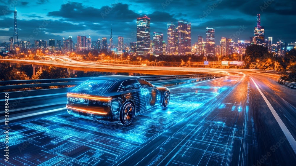 Aufkleber high-tech autonomous car on a smart road, with holographic displays projecting live maps, speed trac