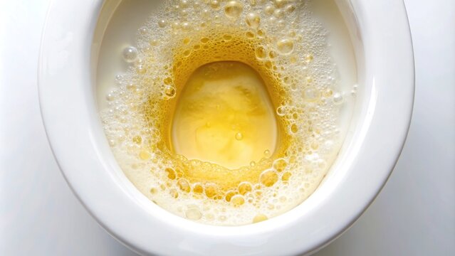 Close-up of yellow urine with bubble in toilet bowl may indicate health issue
