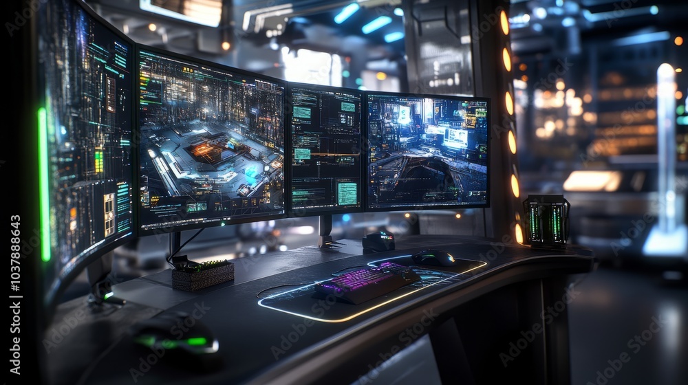Poster high-tech gaming setup with curved monitors, rgb peripherals, and cyberpunk-inspired lighting in a f