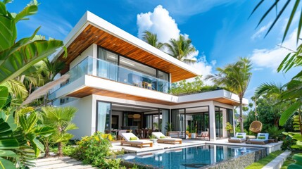 Fototapeta premium Modern Villa with Pool and Tropical Landscaping
