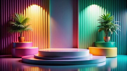 Obraz premium Contemporary rendered podium designed for product displays, accentuated by refined lighting and nuanced shadows,