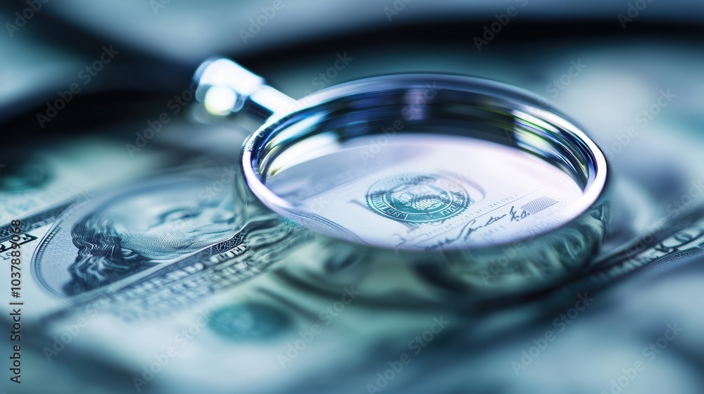 Poster exploring the intricacies of currency through a magnifying glass understanding value and detail