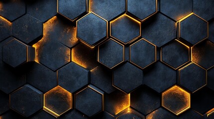 Abstract 3D hexagonal pattern with glowing golden accents on a black textured background. A sleek and futuristic design for modern technology or luxury branding.. Generative AI