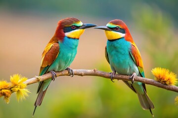 Fototapeta premium Close-Up Pair of Bee Eaters on Courtship Branch in Full Rutting Season