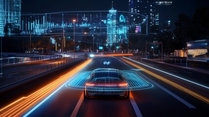 Night urban scene with an AI-guided car moving smoothly through a smart road, interactive holograms projecting live route and performance metrics