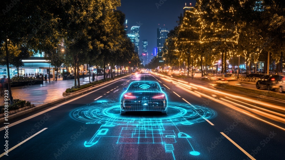 Poster night urban scene with an ai-guided car moving smoothly through a smart road, interactive holograms 