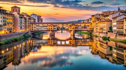 Obraz premium Close-Up Panoramic view of medieval Ponte Vecchio during sunset