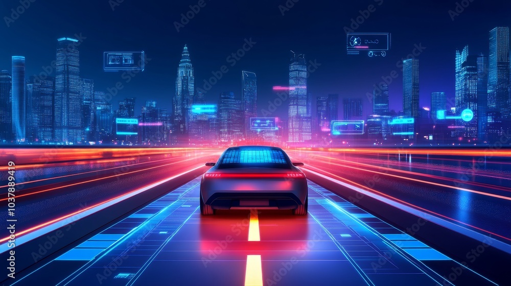 Poster nighttime urban environment with an autonomous car on a glowing smart road, surrounded by holographi