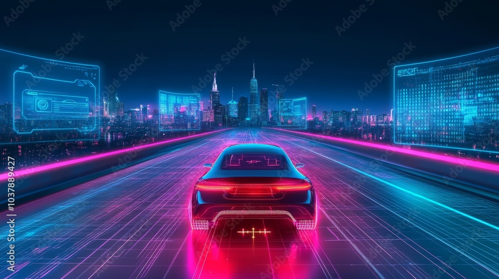 Poster nighttime urban environment with an autonomous car on a glowing smart road, surrounded by holographi
