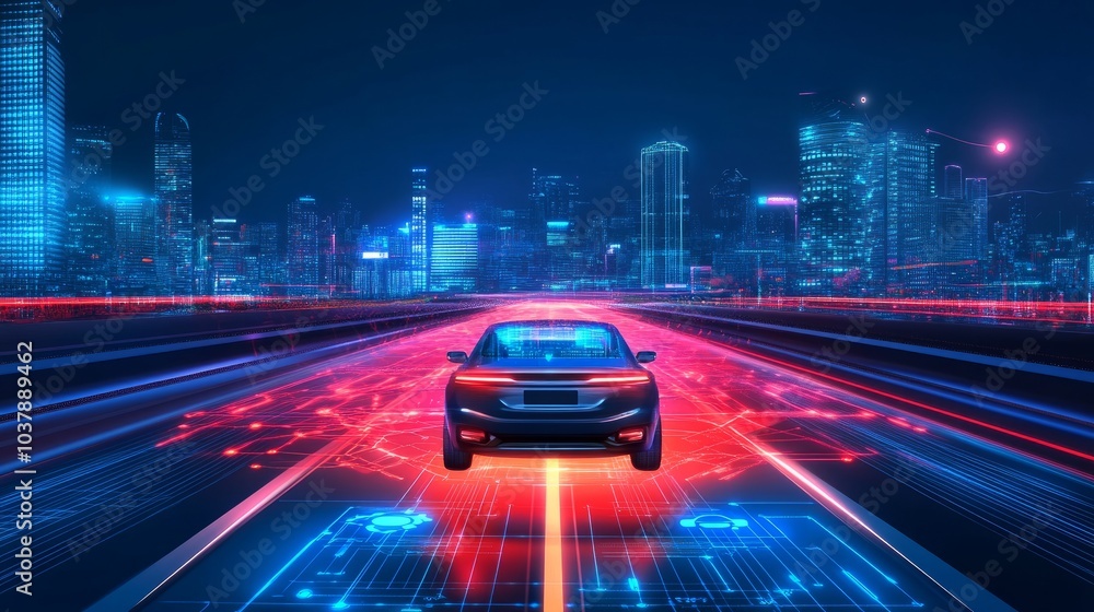 Poster nighttime urban environment with an autonomous car on a glowing smart road, surrounded by holographi