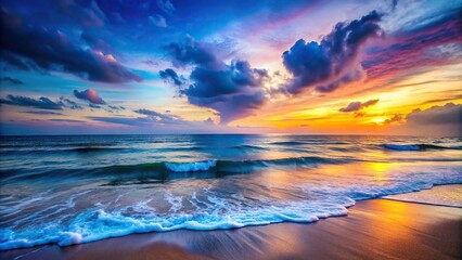 Fototapeta premium Close-Up Peaceful Seascape at Blue Hour with Waves Crashing on Shore and Colorful Sky