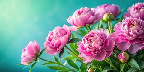 Close-up peonies on green and blue background foliage