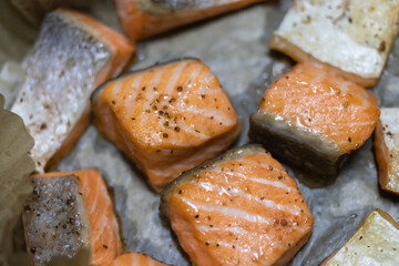 Air fryer lemon pepper salmon in parchment paper. Tasty cooked salmon steak, healthy and easy meals.