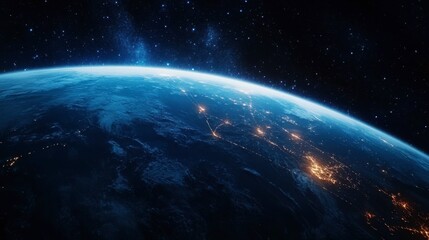 Fototapeta premium Night planet earth from space with light lines of communication and connection. Business and finance, concept. Global communications system and the World Wide Web. Technologies and communications.