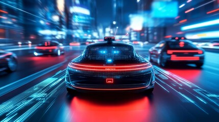 Fototapeta premium Self-driving cars in a futuristic city, communicating via AI networks, sci-fi innovation