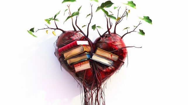 a heart entwined with vines of knowledge, with books sprouting from its branches