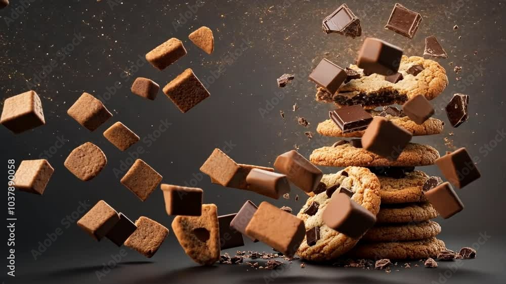 Poster Chocolate Cookie Crumble: A captivating image of chocolate chunks exploding from a stack of delicious chocolate chip cookies, creating a dynamic and mouth-watering scene. Perfect for food blogs.
