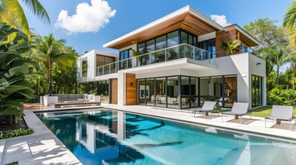 Fototapeta premium Modern Villa with Pool and Tropical Landscaping