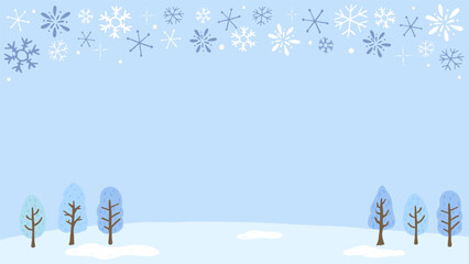 Snowing winter landscape background, snowflakes and trees, cute hand drawn illustration / 雪が降る冬の風景の背景、雪の結晶と樹木、かわいい手描きのイラスト