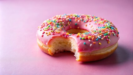 Close-up pink frosted donut with colorful sprinkles missing a bite