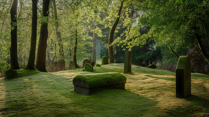 serene forest cemetery with moss covered tombstones surrounded by lush greenery. tranquil atmosphere evokes sense of peace and reflection