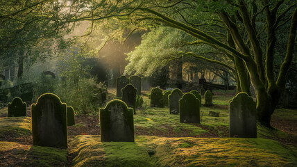 serene forest cemetery with moss covered tombstones, bathed in soft sunlight filtering through trees, creates tranquil and reflective atmosphere